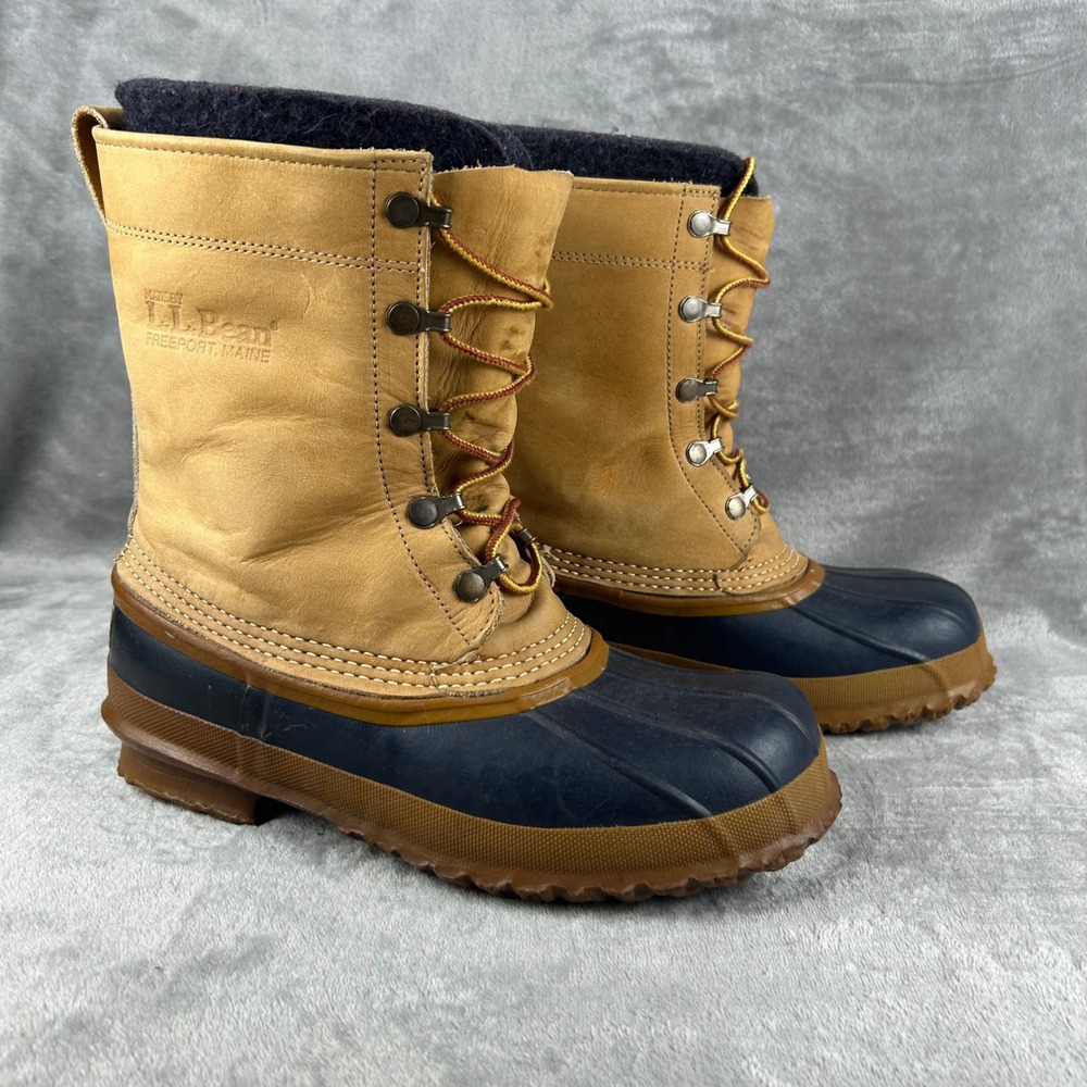 LL Bean Maine Hunting Shoe Vintage Made in USA Duck Boots Tan Navy Women 7